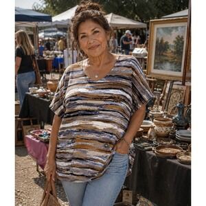Signature Collection Brown Blue Abstract Stripe Grommet Tunic Top 3X 26W-28W
